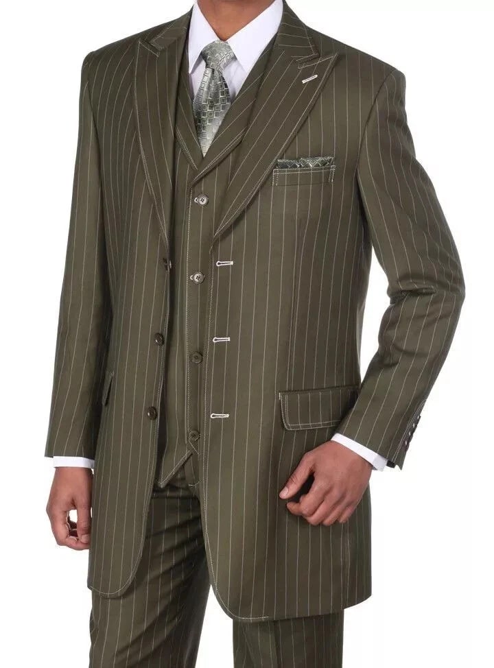 Mens Olive Green Pinstripe Zoot Suit – 1920s Gangster Vintage 3-Piece Suit for Formal and Themed Events - 34 Short or Extra Small