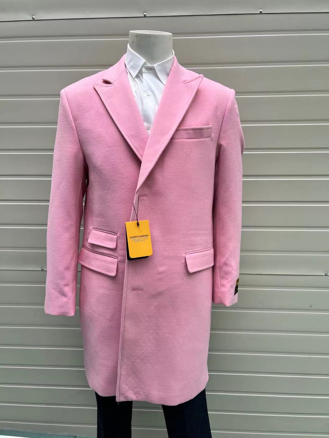 Men’s Pink Wool Blend Long Overcoat – Slim Fit Tailored Winter Coat - Carcoat - Topcoat - Coat Size 38