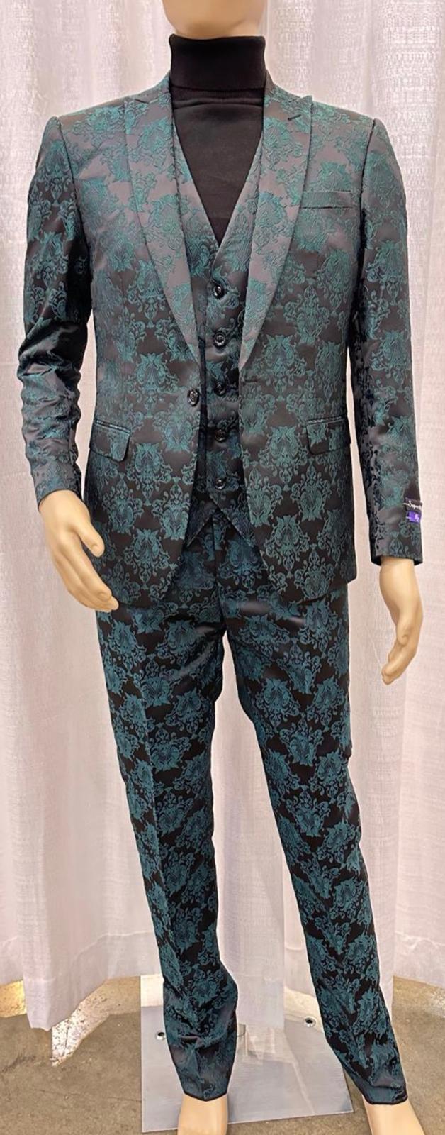 Men’s Emerald Green Floral Jacquard 3-Piece Tuxedo Suit – Slim Fit Formal Set with Blazer, Vest, and Pants Paisley Fabric - Ultra slim fitted - 34 Short or Extra Small