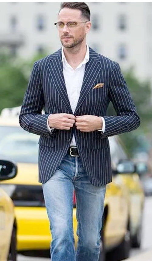 Mens Navy Blue Pinstripe Blazer Classic Tailored Formal Jacket for Business, Office and Smart Casual Wear