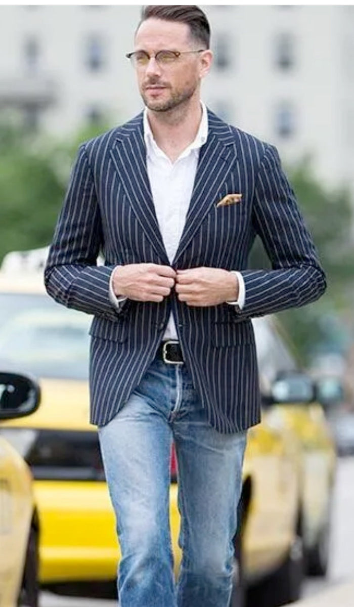 Mens Navy Blue Pinstripe Blazer Classic Tailored Formal Jacket for Business, Office and Smart Casual Wear