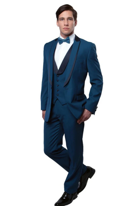 Men’s Teal Blue Western Tuxedo Suit, 3 Piece Cowboy Formal Wedding Prom Suit with Black Shawl Lapel Saphire