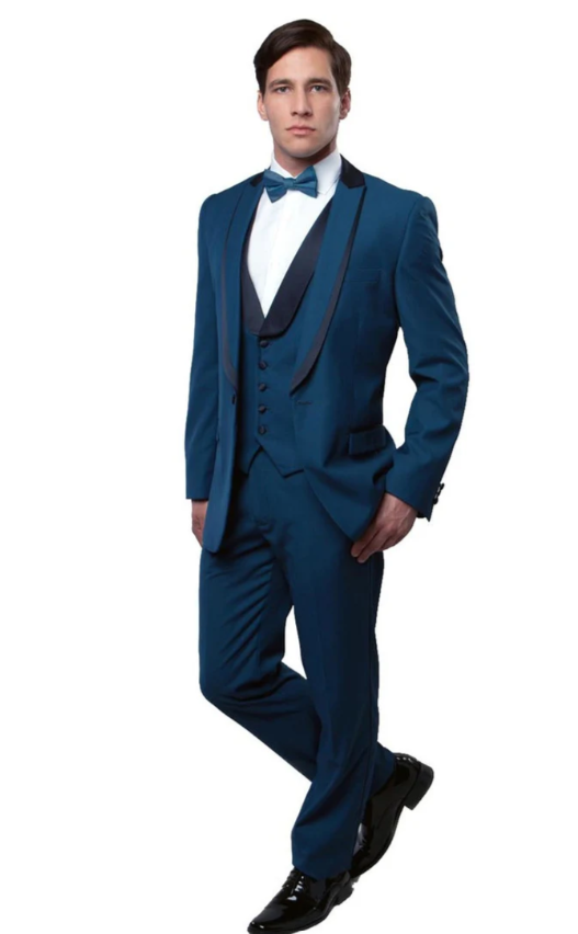 Men’s Teal Blue Western Tuxedo Suit, 3 Piece Cowboy Formal Wedding Prom Suit with Black Shawl Lapel Saphire - 34 Short or Extra Small