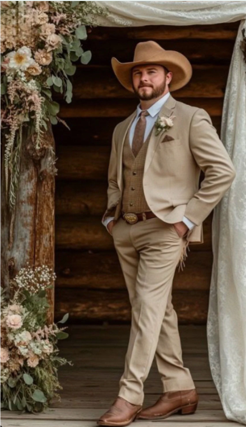 Mens Sharkskin Dark Taupe Tan with sheen Western 3 Piece Suit – Classic Country Style Blazer Vest Pants Set, Formal Cowboy Suit Outfit - 34 Short or Extra Small