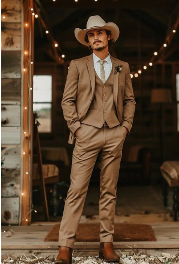 Mens Camel Brown Copper Western 3 Piece Suit – Classic Country Style Blazer Vest Pants Set, Formal Cowboy Suit Outfit - 34 Short or Extra Small