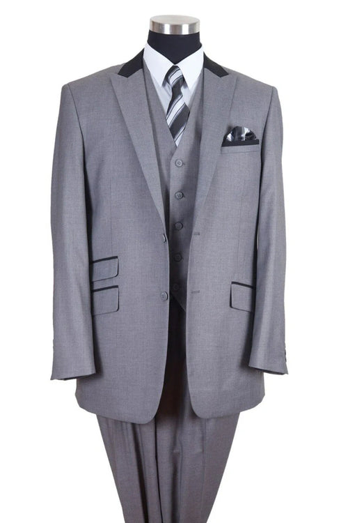 Men’s Light Gray Three Piece Suit with Black Chesterfield Collar  – Classic Formal Wedding and Business Suit Set 1920s Vintage
