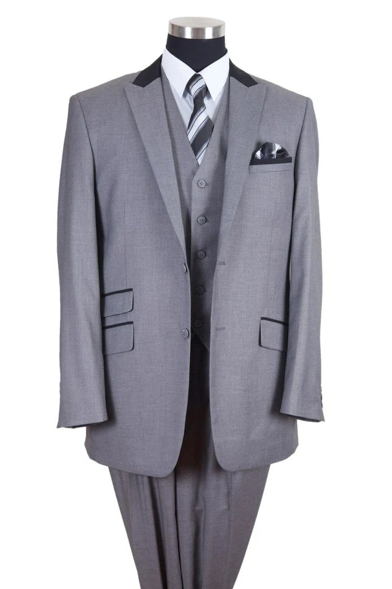 Men’s Light Gray Three Piece Suit with Black Chesterfield Collar  – Classic Formal Wedding and Business Suit Set 1920s Vintage - 34 Short or Extra Small