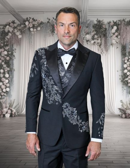 Statement Men's 3 Piece Modern Fit Tuxedo - Floral Appliqué - 36R