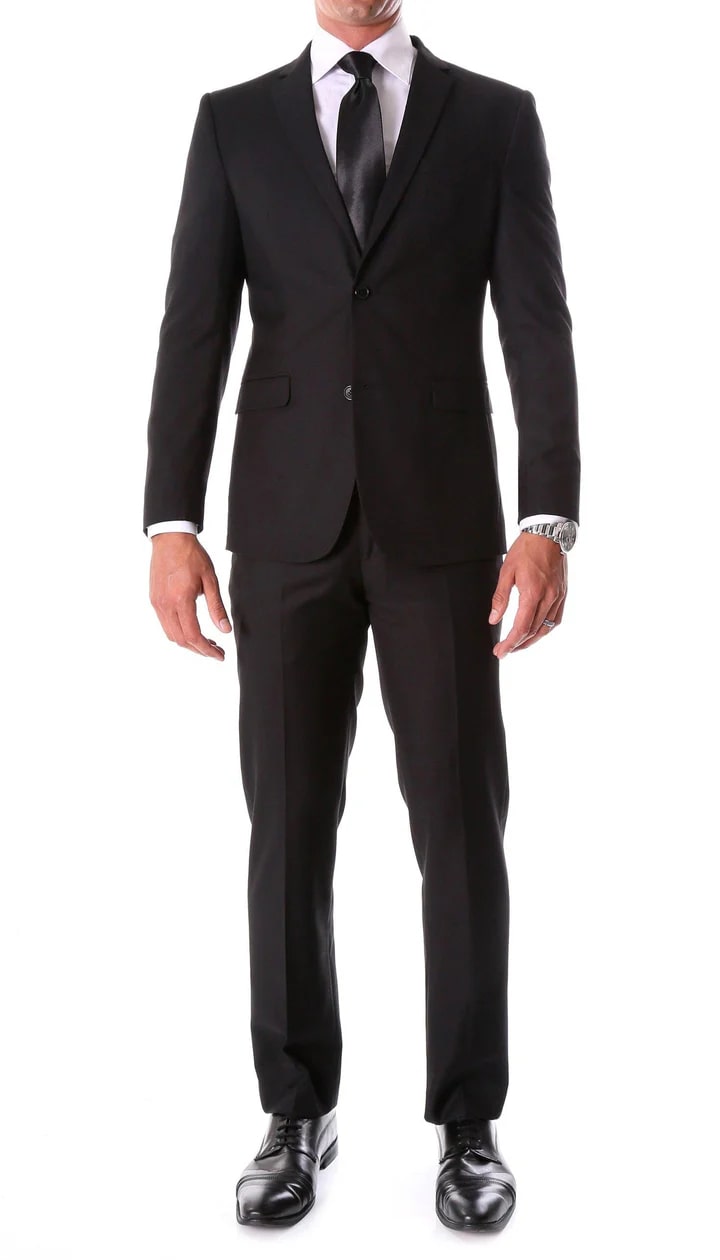 Oslo Black Notch Lapel 2 Piece Slim Fit Suit - 38 Short Jacket+32 Waist Adjustable 28to34)(Height: 5 4 to5 7 )(Neck  15-16.5)S-M)