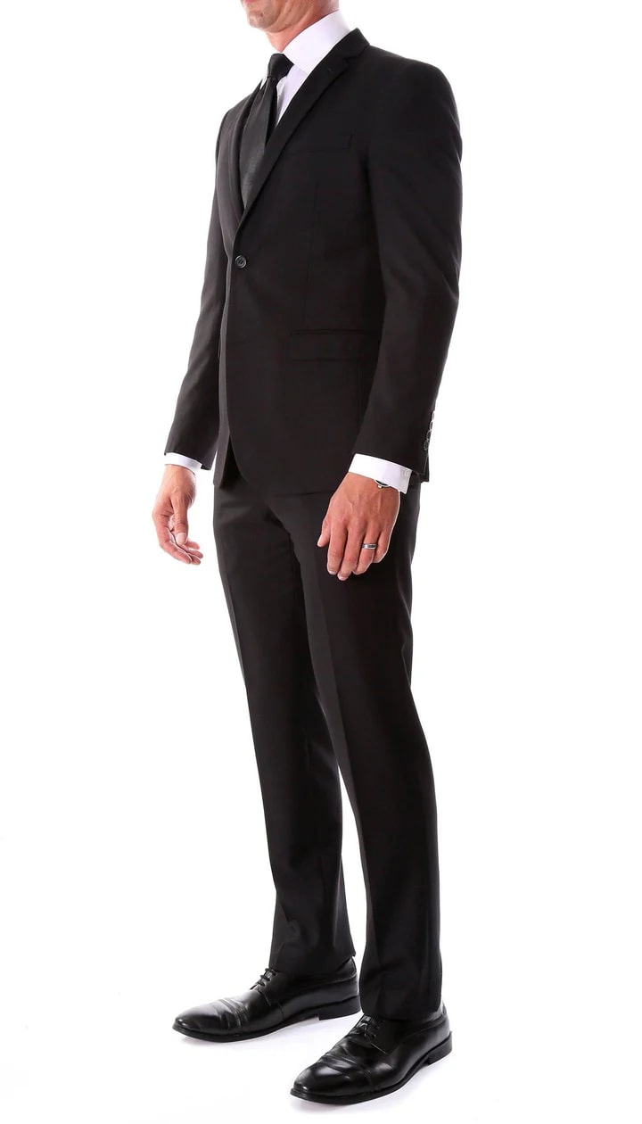 Oslo Black Notch Lapel 2 Piece Slim Fit Suit - 38 Short Jacket+32 Waist Adjustable 28to34)(Height: 5 4 to5 7 )(Neck  15-16.5)S-M)
