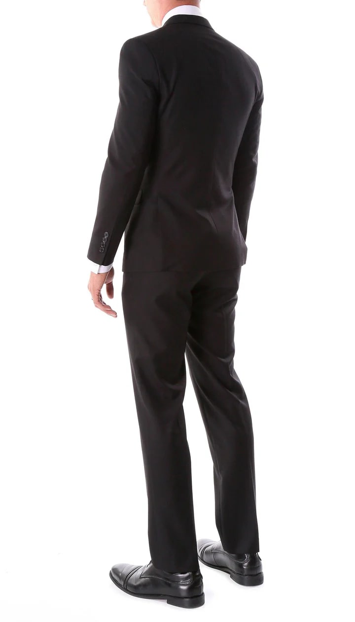 Oslo Black Notch Lapel 2 Piece Slim Fit Suit - 38 Short Jacket+32 Waist Adjustable 28to34)(Height: 5 4 to5 7 )(Neck  15-16.5)S-M)