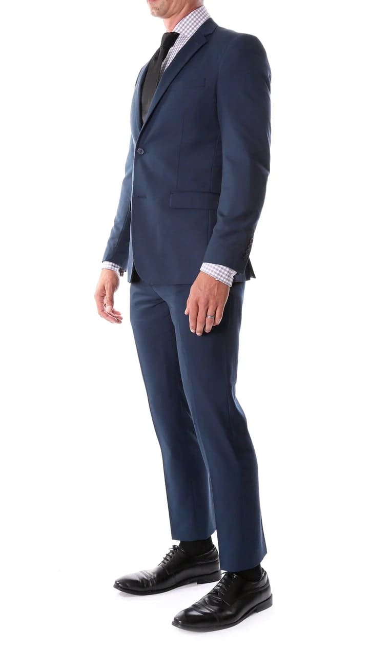 Oslo Navy Notch Lapel 2 Piece Slim Fit Suit - 38 Short Jacket+32 Waist Adjustable 28to34)(Height: 5 4 to5 7 )(Neck  15-16.5)S-M)