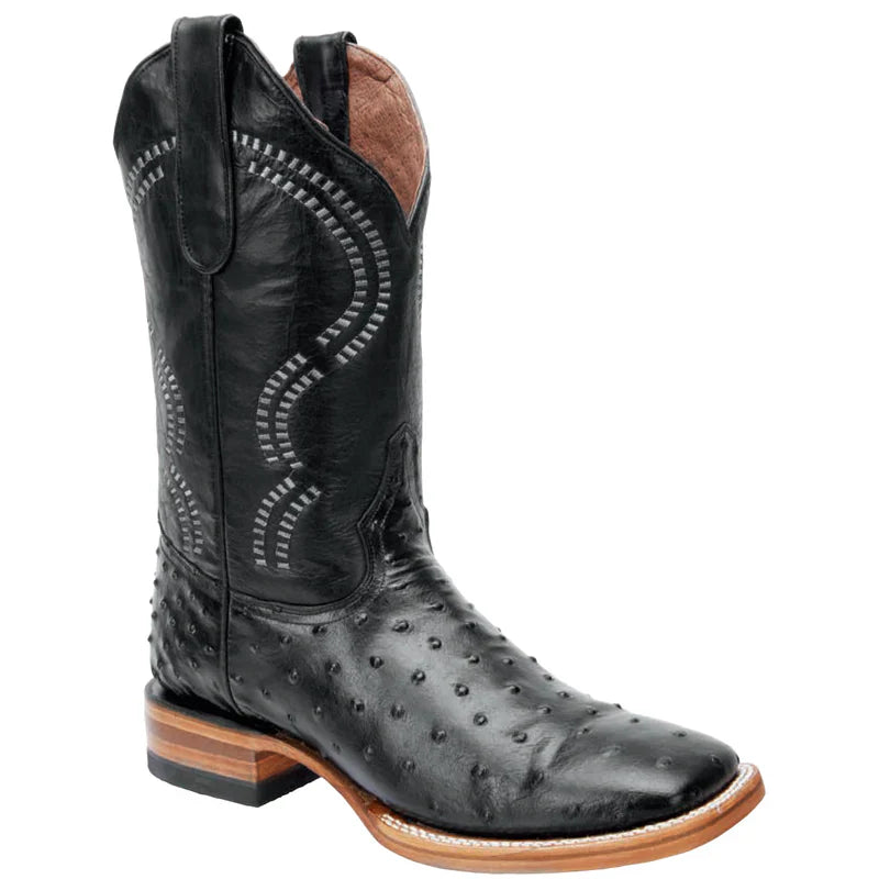 Mens White Diamond Boot Black Ostrich Print Boots Square Toe - 6