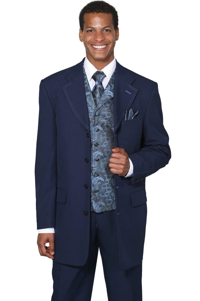 "Navy Men's 4-Button Long Vested Fashion Suit with Paisley Vest"