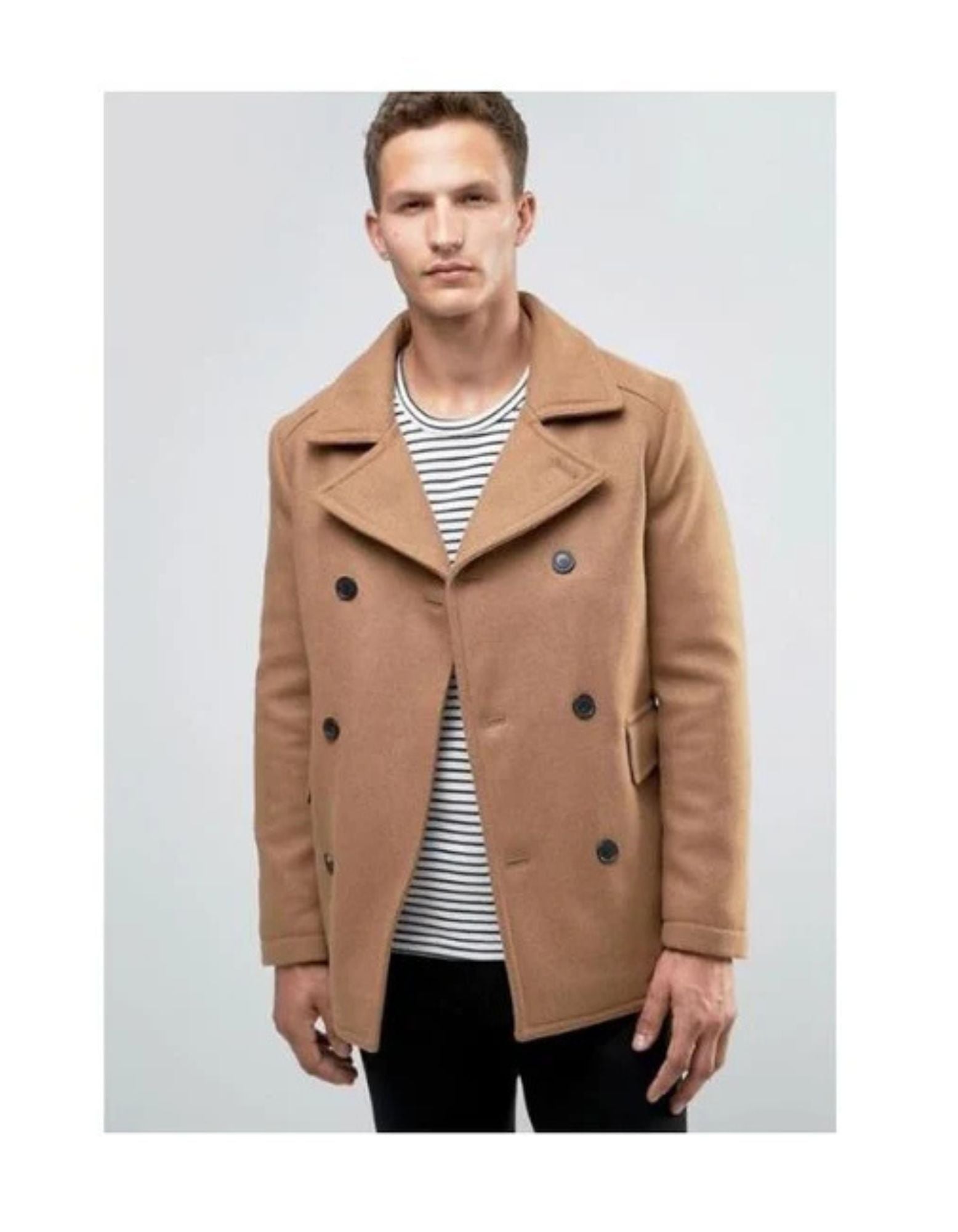 Mens Camel Peacoat Slim Fit Wool Overcoat - Coat Size 38