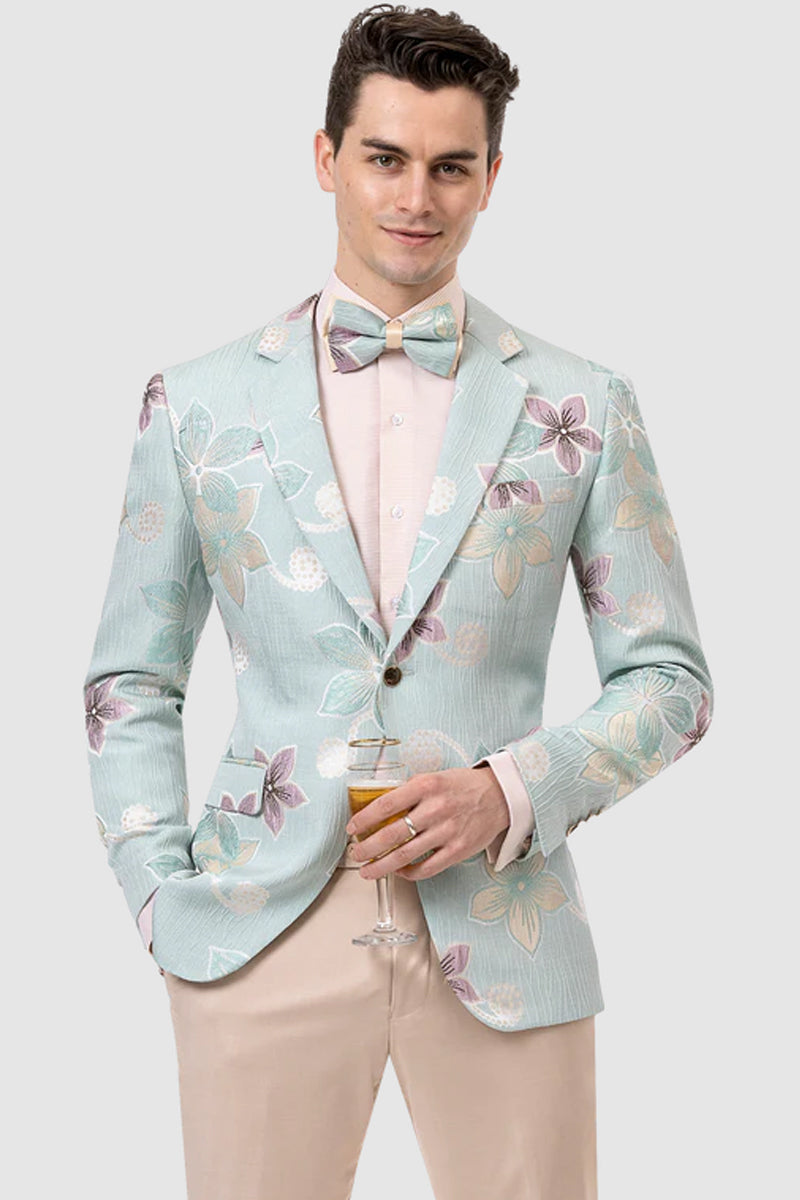 "Floral Print Men's Blazer - One Button Style in Aqua Teal Blue"