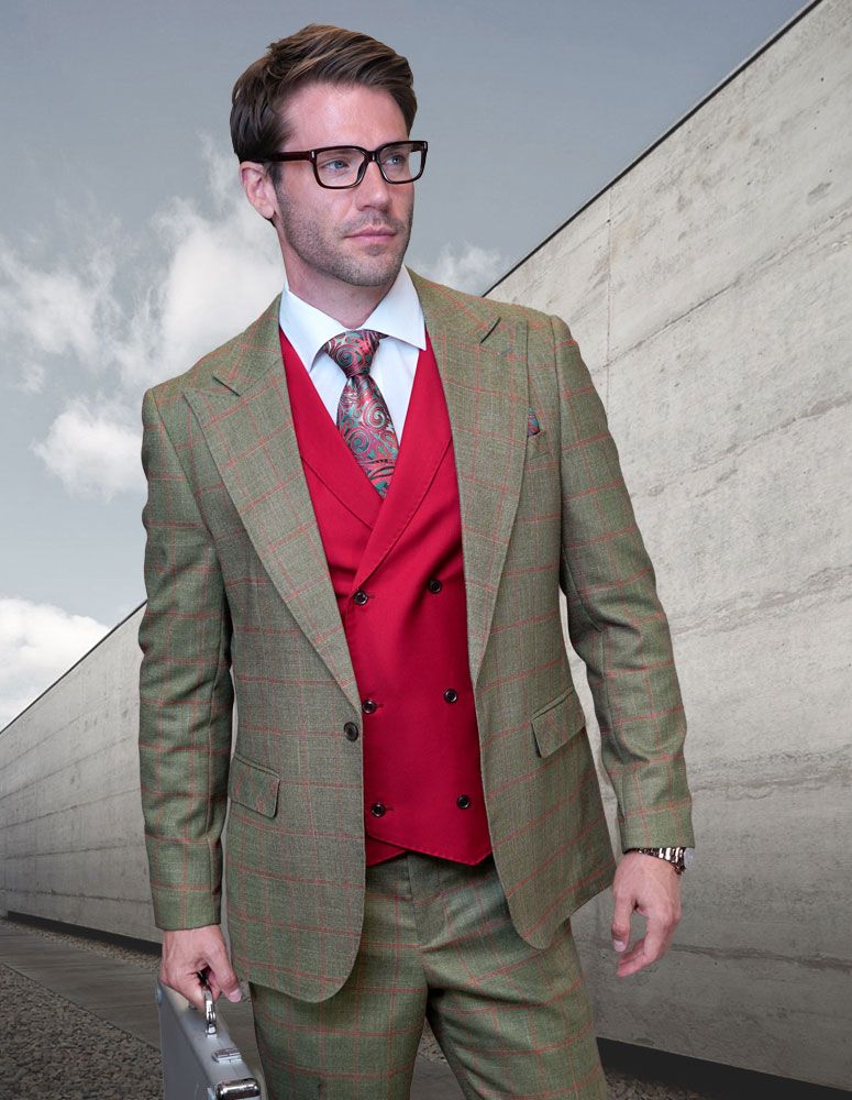 Men's 100% Wool 3 Piece Suit Vibrant Vest by Statement Sharp Tailoring Comfort Fit Award Winning Design - 38 Short Jacket+32 Waist Adjustable 28to34)(Height: 5 4 to5 7 )(Neck  15-16.5)S-M)