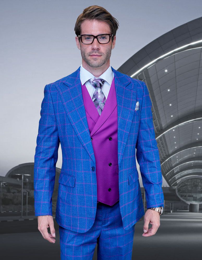 Men's 100% Wool 3 Piece Suit Vibrant Vest by Statement Sharp Tailoring Comfort Fit Award Winning Design - 38 Short Jacket+32 Waist Adjustable 28to34)(Height: 5 4 to5 7 )(Neck  15-16.5)S-M)