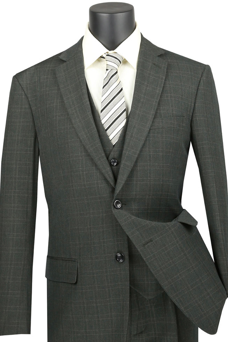 Mens Classic Fit Banker Plaid Vested Suit in Olive - 44 Regular