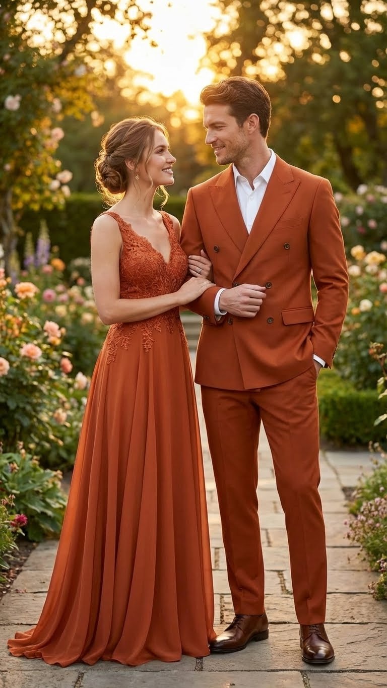 Vitali Brand Mens Burnt Orange Double Breasted Suit in Rust Brick Copper Color