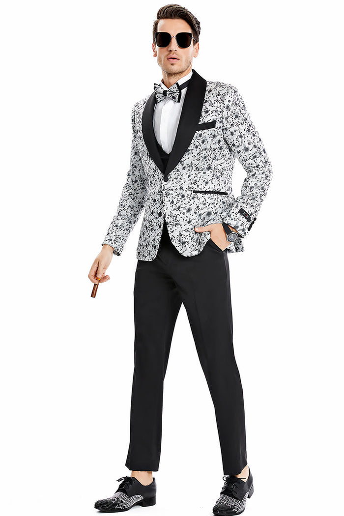 "Vintage Splatter Print Prom 2026 Tuxedo - Men's One Button Vested Shawl Lapel in Silver Grey"