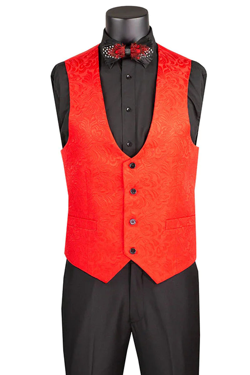 "Red Paisley Wedding Tuxedo - Men's Slim Fit Vested Suit"