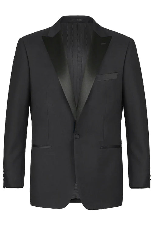 "Classic Fit Black Tuxedo for Men - Traditional One Button Peak Style"