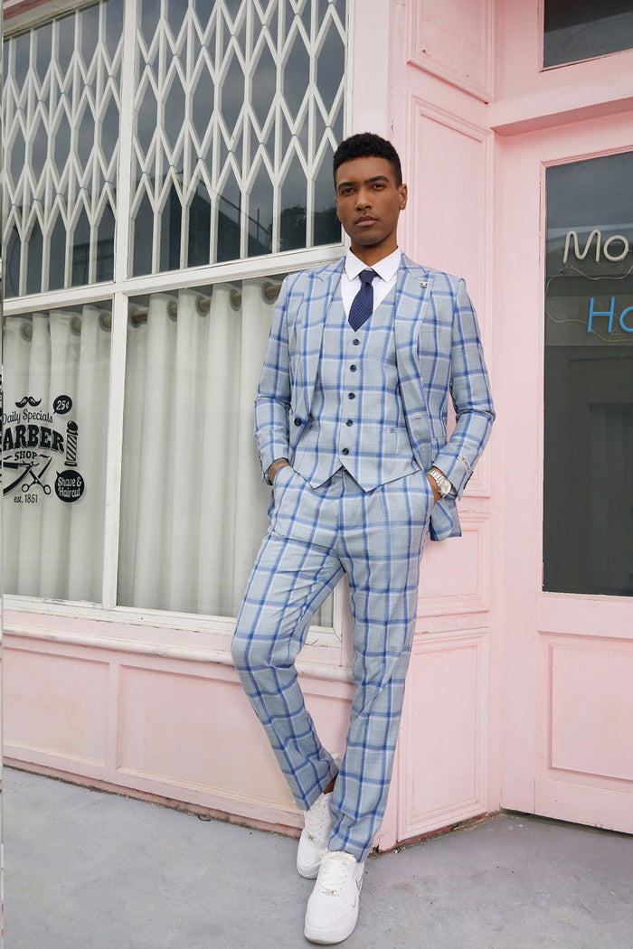 "Mens Stacy Adams Suit - Stacy Adams  Suit Men's Vested Peak Lapel Plaid Suit -  Blue Windowpane"