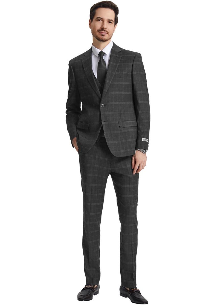 Men's Stacy Adams Vested Modern Fit Windowpane Plaid Suit in Olive Green - 38 Regular