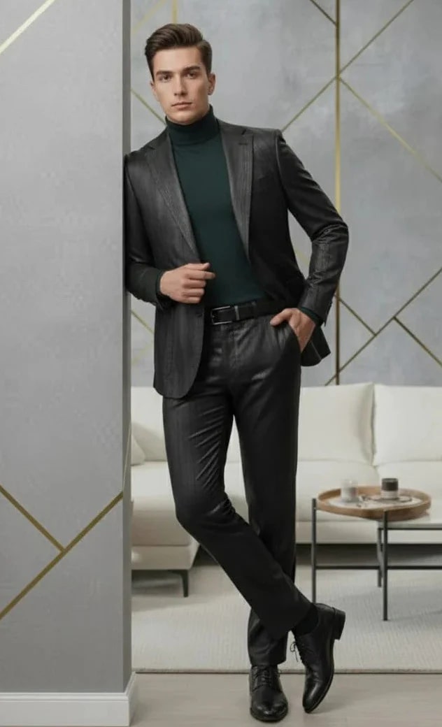 Mens Two Piece Slim Fit Suit One Button Notch Lapel Suit Black - 34 Short or Extra Small