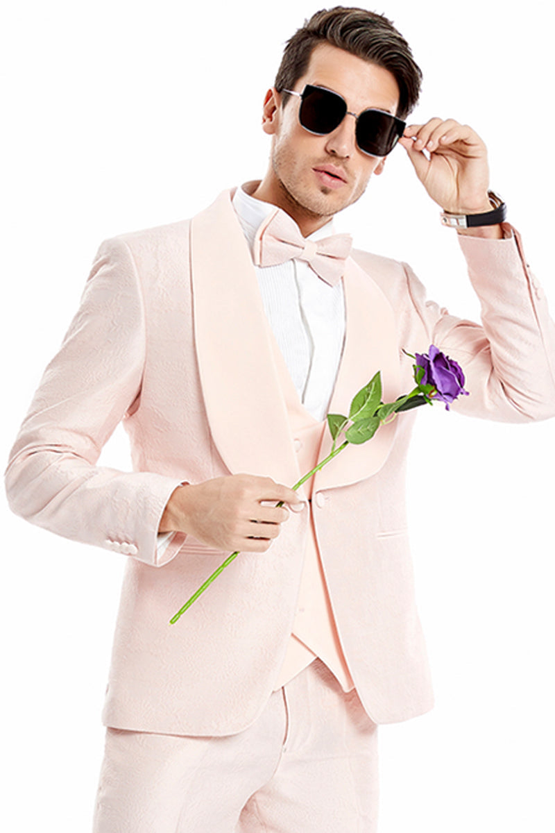 "Paisley Lace Men's Tuxedo - Blush Pink, One Button Vested with Wide Shawl Lapel"
