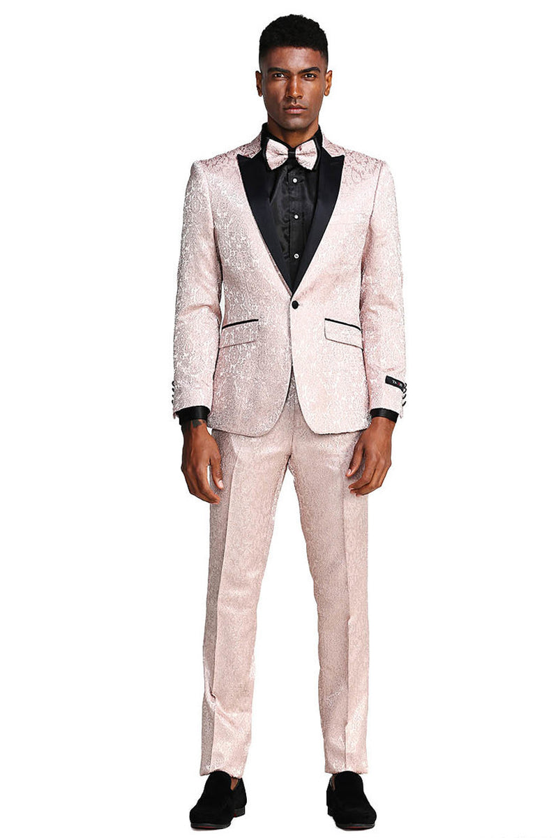 "Paisley Wedding Tuxedo - Men's Slim Fit One Button in Blush Pink" - 34 Short