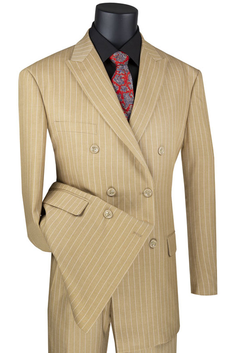 Mens Double Breasted Gangster Bold Pinstripe Suit in Camel - 36 Short