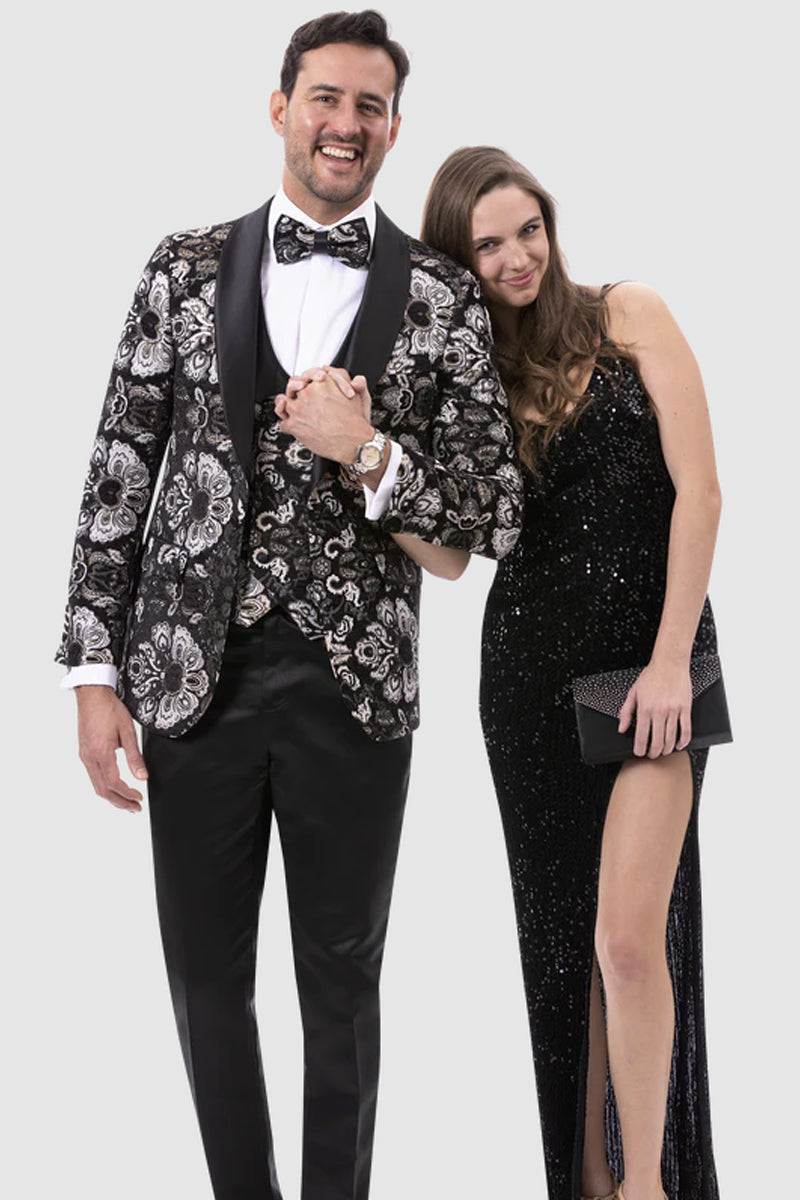 "Gold & Black Paisley Prom Tuxedo - Modern Vested Men's Style"