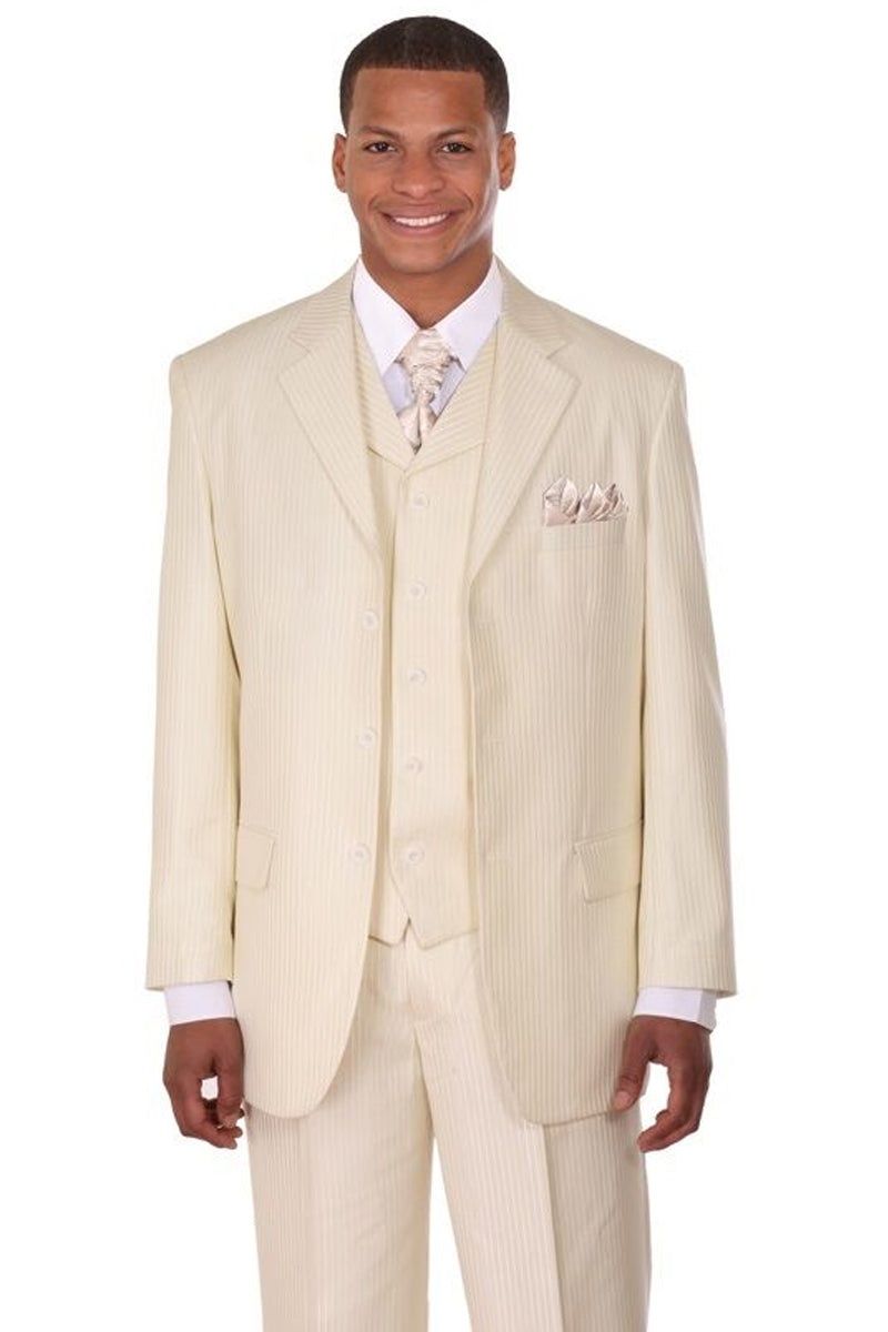 "Sharkskin Pinstripe Suit: Men's 3-Button Vested in Ivory Cream" - 38 Long