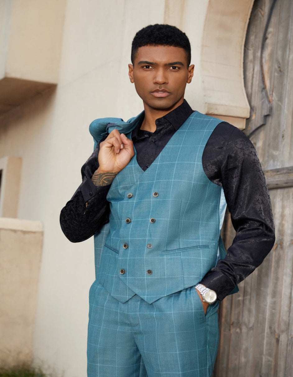 "Mens Stacy Adams Suit - Stacy Adams Suit Men's Teal Windowpane Suit - One Button Peak Lapel with Double Breasted Vest" - 34 Short