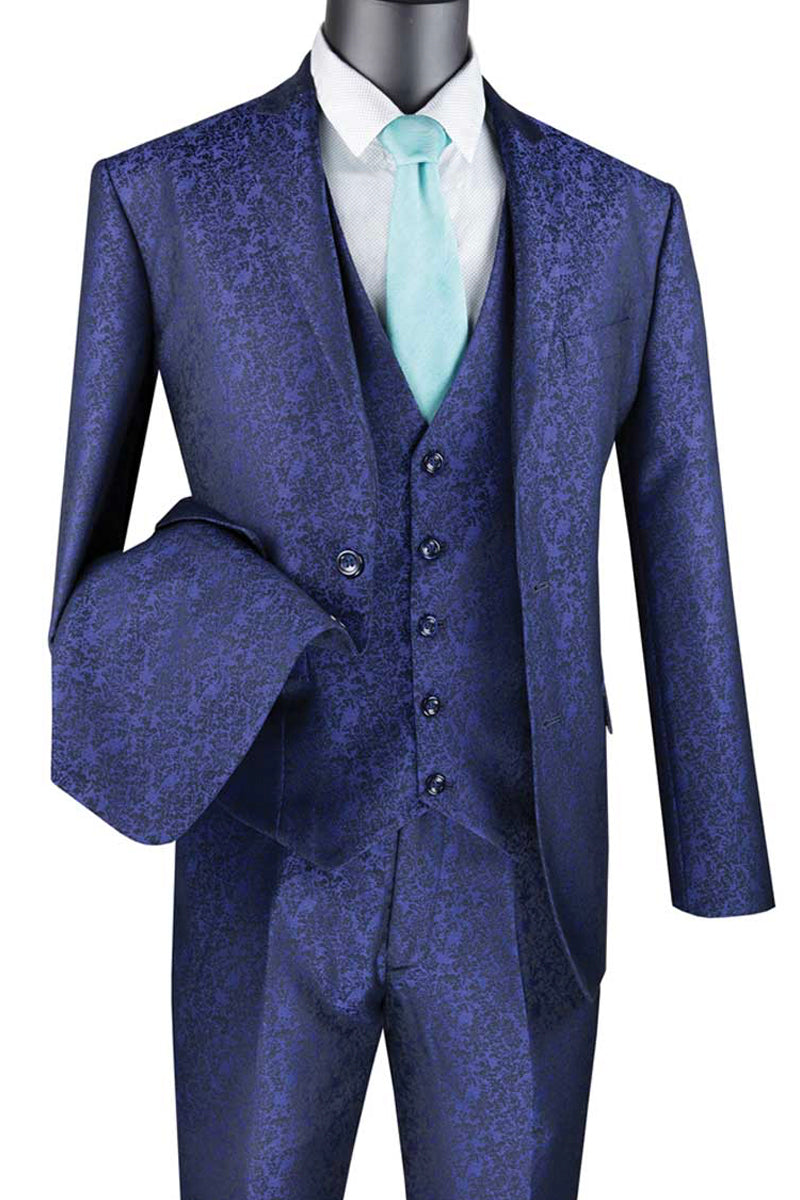 Mens Slim Fit Floral Pattern Vested Suit in Navy - 36 Short