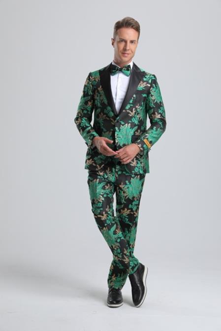 Paisley Suits - Wedding Tuxedo - Groom Green ~ Black Suit + Matching Bowtie - Coat Size 38