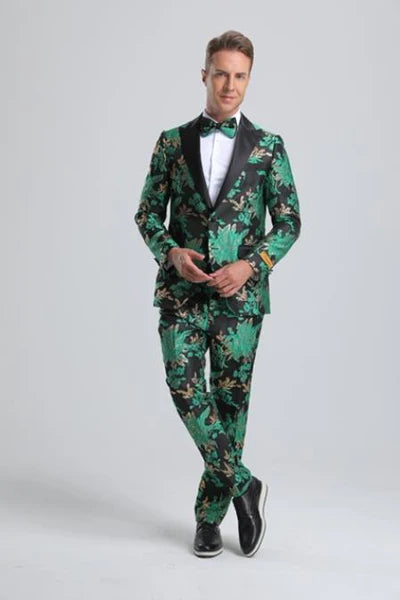 Best Men's Green & Black Floral Paisley Prom 2025 Tuxedo   - For Men  Fashion Perfect For Wedding or Prom 2025 or Business  or Church - XS