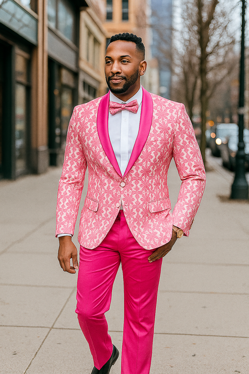 Mens Paisley Prom & Wedding Tuxedo in Hot Pink Fuschia