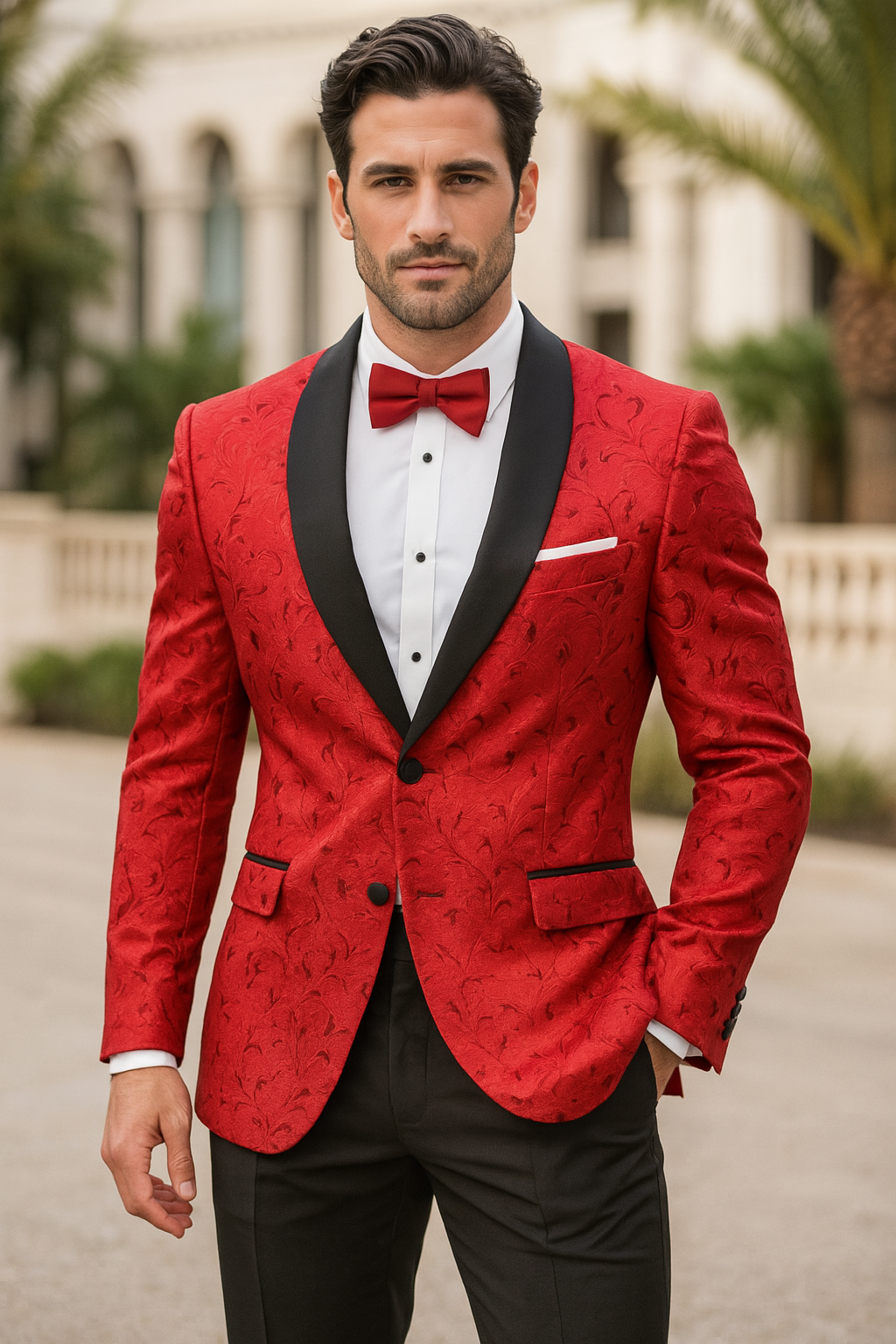 Paisley Tuxedo Dinner Jacket - Red Mens Blazer + Bowtie - Prom 2025 Jackets - S