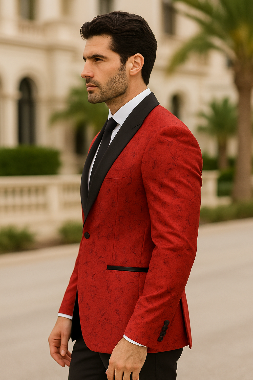Paisley Tuxedo Dinner Jacket - Red Mens Blazer + Bowtie - Prom 2025 Jackets - S