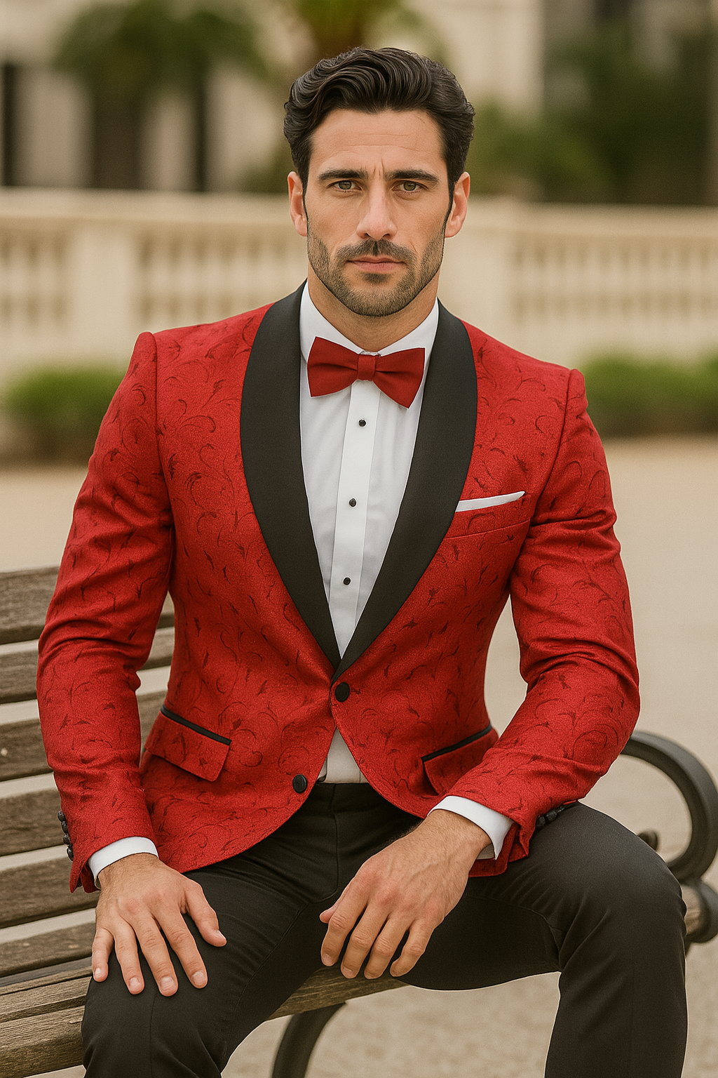 Paisley Tuxedo Dinner Jacket - Red Mens Blazer + Bowtie - Prom 2025 Jackets - S