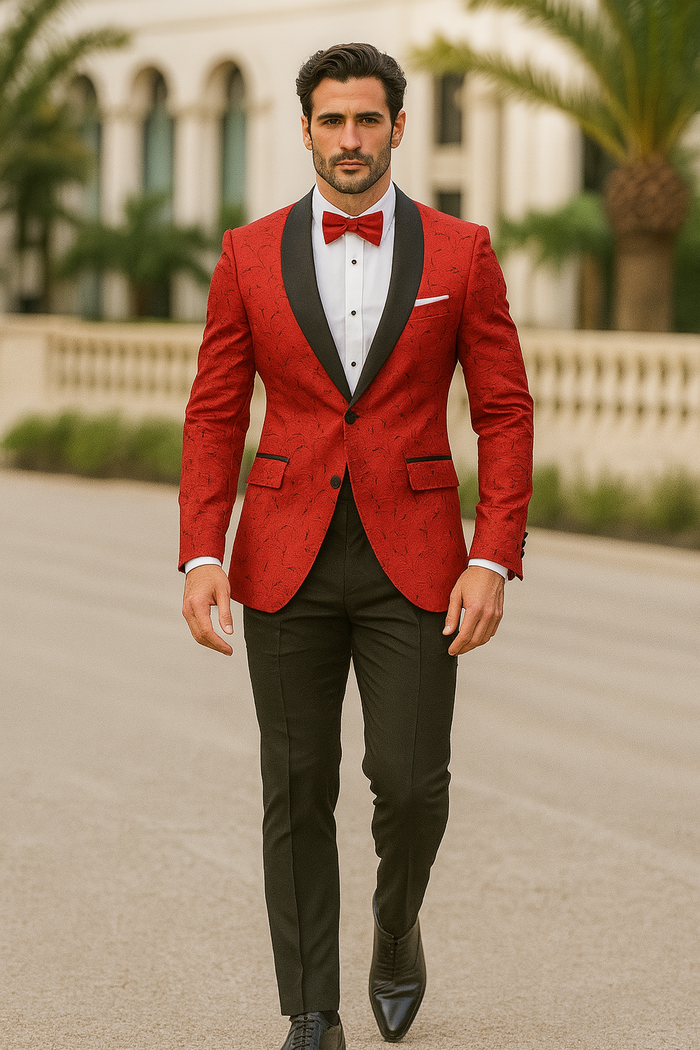 Paisley Tuxedo Dinner Jacket - Red Mens Blazer + Bowtie - Prom 2026 Jackets