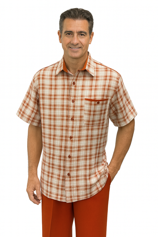 Suit in papaya/cream by Dreams by Zacchi – 2 Piece Leisure Outfit with Matching Shirt and Pant-$99