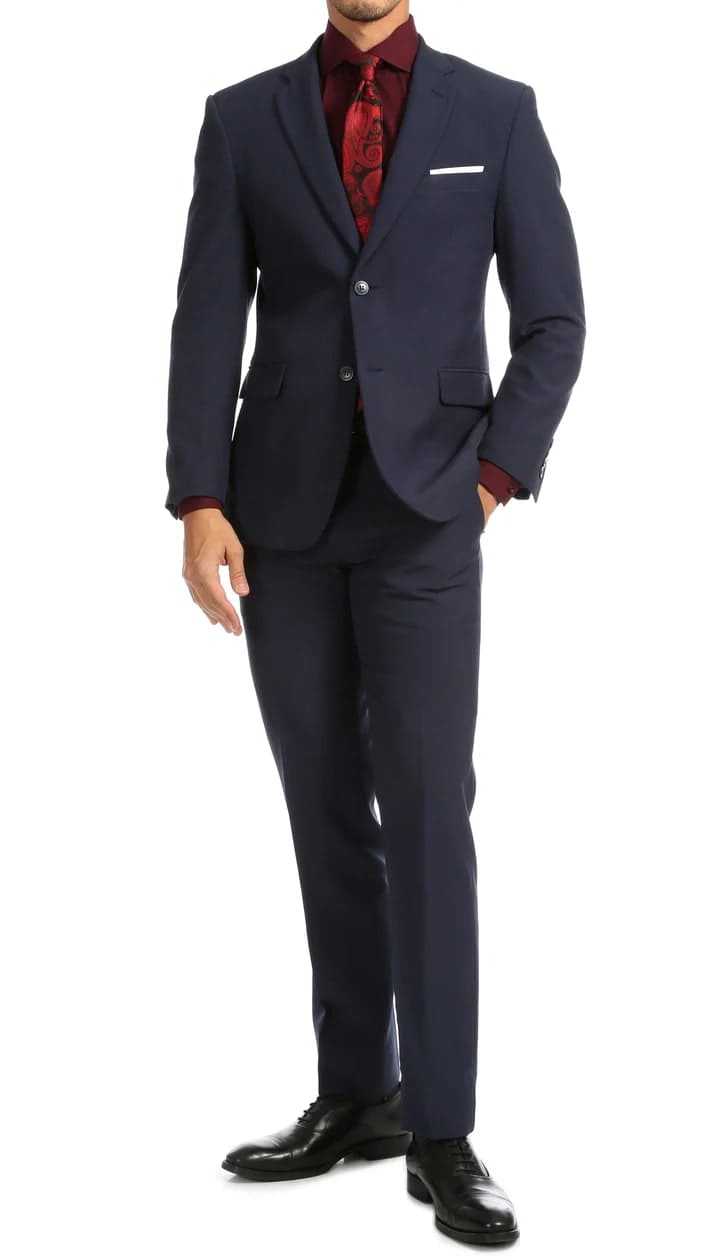 Paul Lorenzo Mens Navy Slim Fit 2 Piece Suit - 38 Short Jacket+32 Waist Adjustable 28to34)(Height: 5 4 to5 7 )(Neck  15-16.5)S-M)