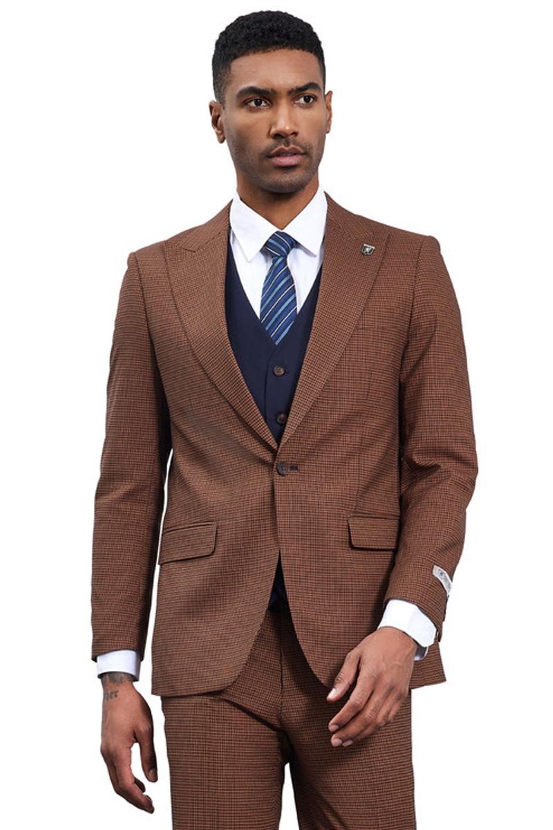 Men's Stacy Adams One Button Peak Lapel Vested Micro Check in Cognac Brown with a Navy Vest - 38 Regular