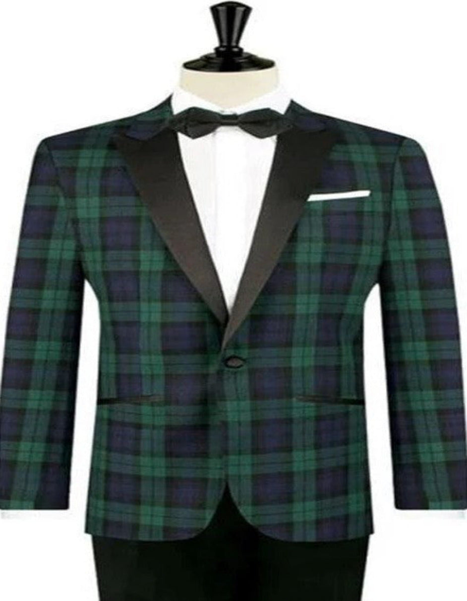 Big and Tall Plait Sport Coat - Windowpane Checkered Scottish English Pattern Party Blazers in Color Green and Blue Tartan - S