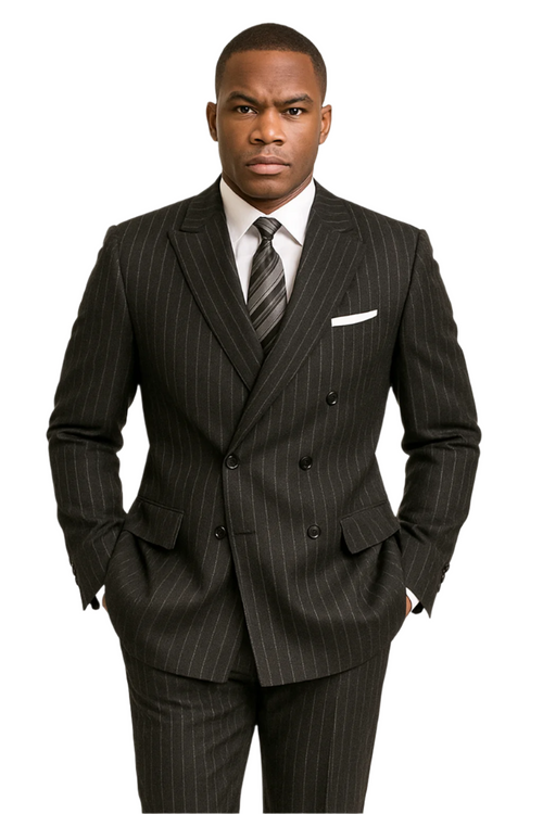 Rockefeller Collection - Double Breasted Stripe Suit Black Regular Fit 2 Piece