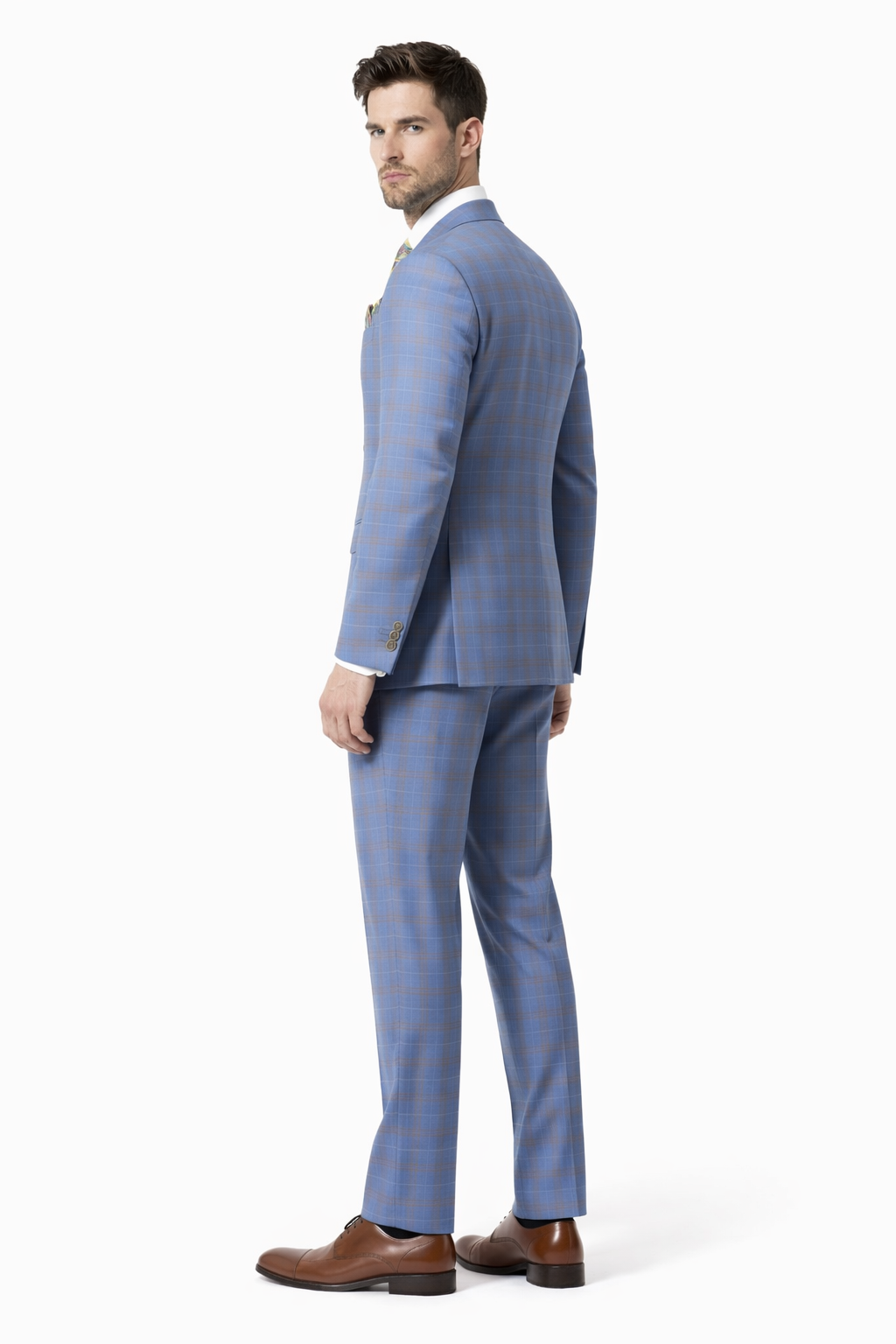 Peak Lapel Suit - Plaid Suit - Windowpane Pattern Color Suit - Steel Blue and Brown Pattern-New Designer Collection - 38 Short Jacket+32 Waist Adjustable 28to34)(Height: 5 4 to5 7 )(Neck  15-16.5)S-M)